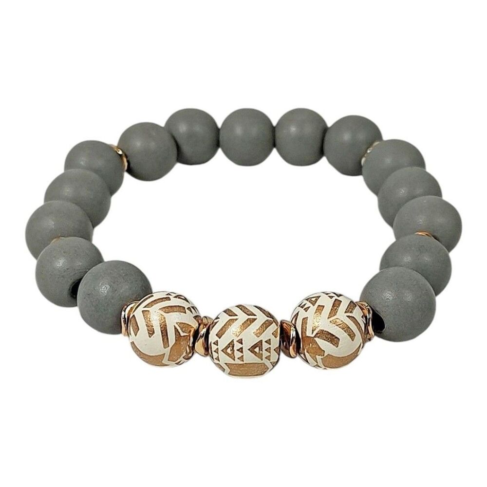 Periwinkle by Barlow Beaded Bracelet Gold Tone Metal Gray Wood 7" Tribal Boho